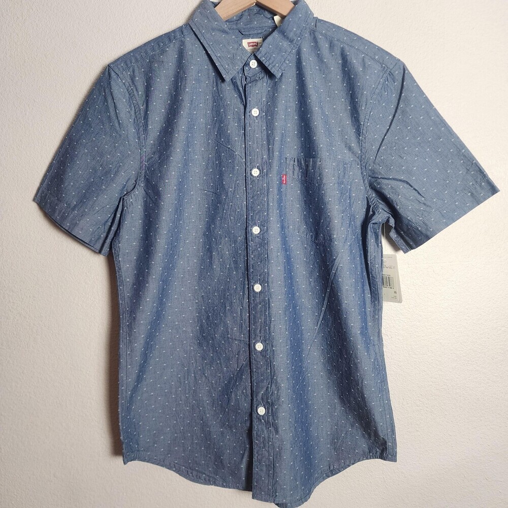 Levi's Shirt Mens Small Blue Chambray Polka Dot Pocket Short Sleeve Button Up